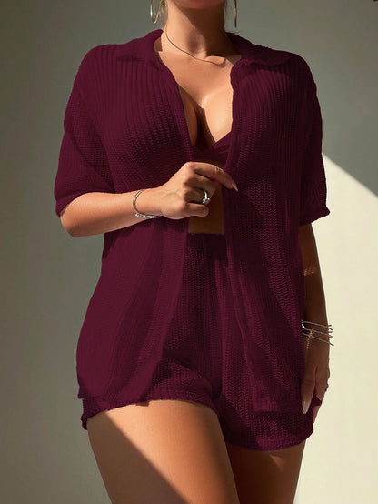 Swim Lushoire 2pcs Women Short Sleeve Top And Shorts Set, Solid Color Summer