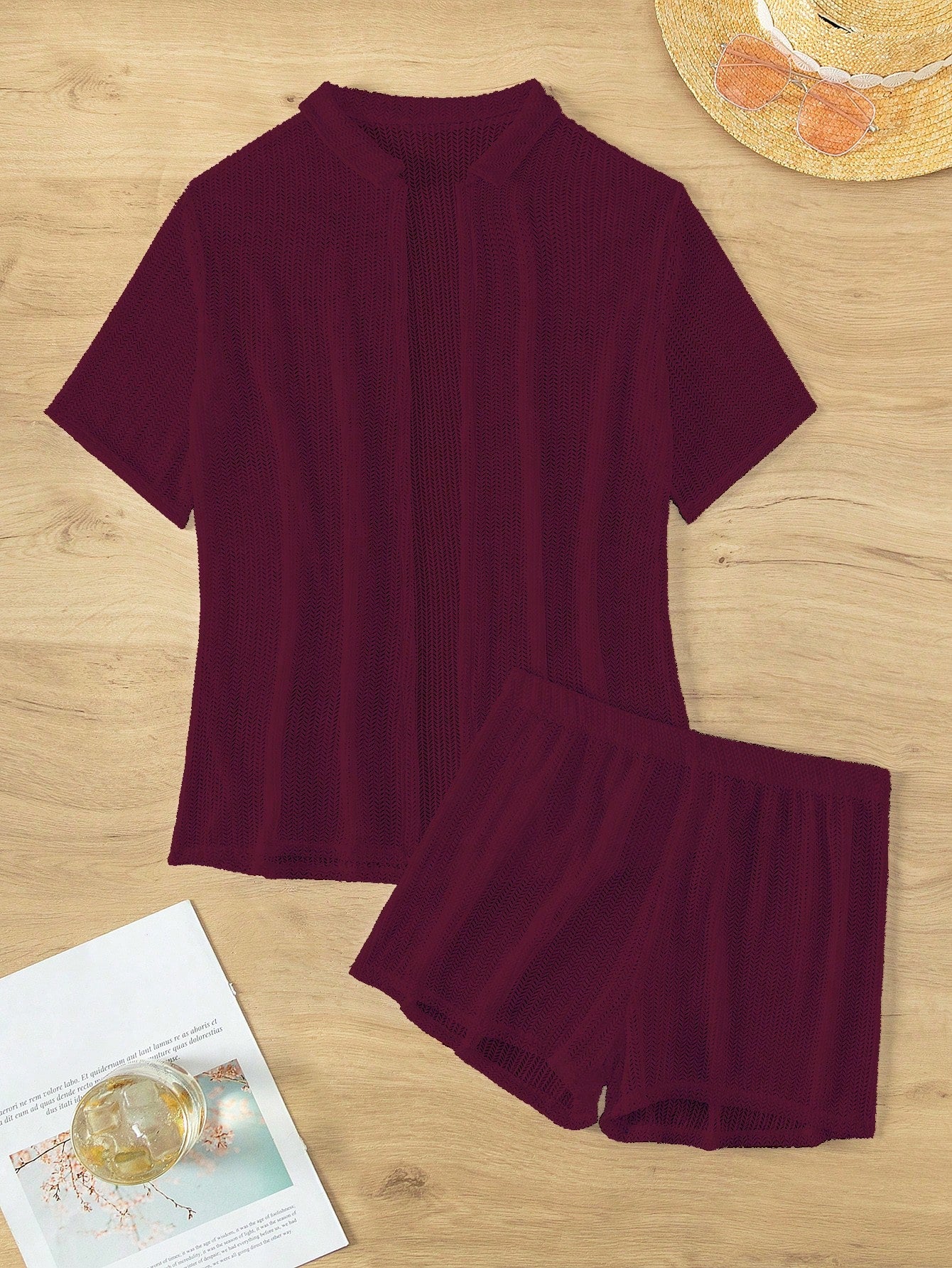 Swim Lushoire 2pcs Women Short Sleeve Top And Shorts Set, Solid Color Summer