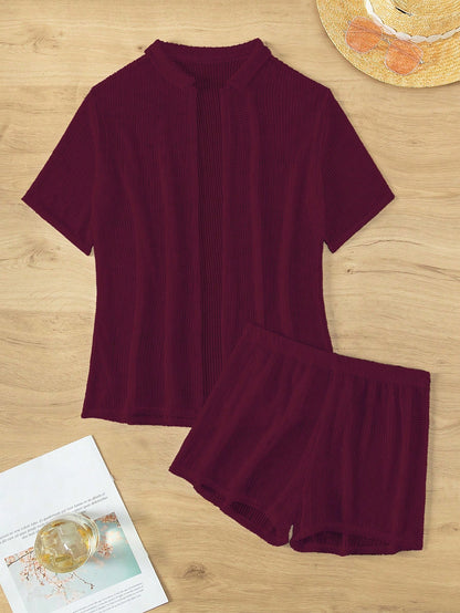 Swim Lushoire 2pcs Women Short Sleeve Top And Shorts Set, Solid Color Summer