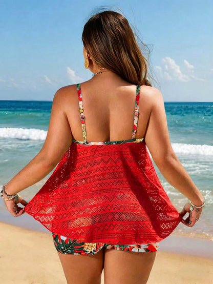 Swim Lushoire New Arrival Plus Size Women's Printed Spaghetti Strap Top And High Waisted Shorts 2-Piece Swimwear, Vacation Casual