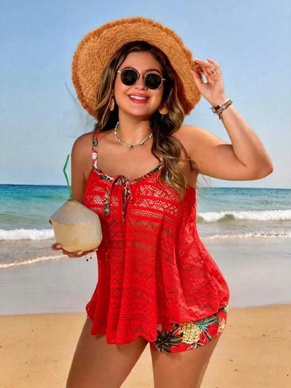 Swim Lushoire New Arrival Plus Size Women's Printed Spaghetti Strap Top And High Waisted Shorts 2-Piece Swimwear, Vacation Casual