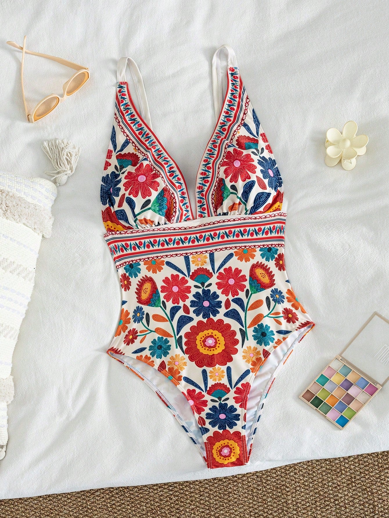 Swim Lushoire New Print Deep V-Neck Backless Slim Fit Fashion Summer One-Piece Swimsuit