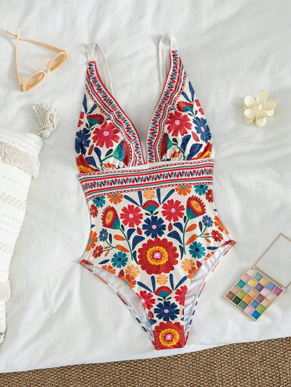 Swim Lushoire New Print Deep V-Neck Backless Slim Fit Fashion Summer One-Piece Swimsuit