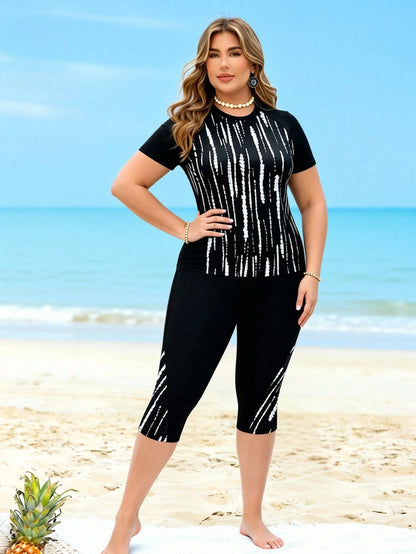 Swim Lushoire Plus Size 2-Piece Set Multicolor Patchwork Plant Branch & Leaf Random Print With Black Patchwork, Large Scoop Neck Short Sleeve Design Paired With Long Swim Pants, Beach Casual Vacation