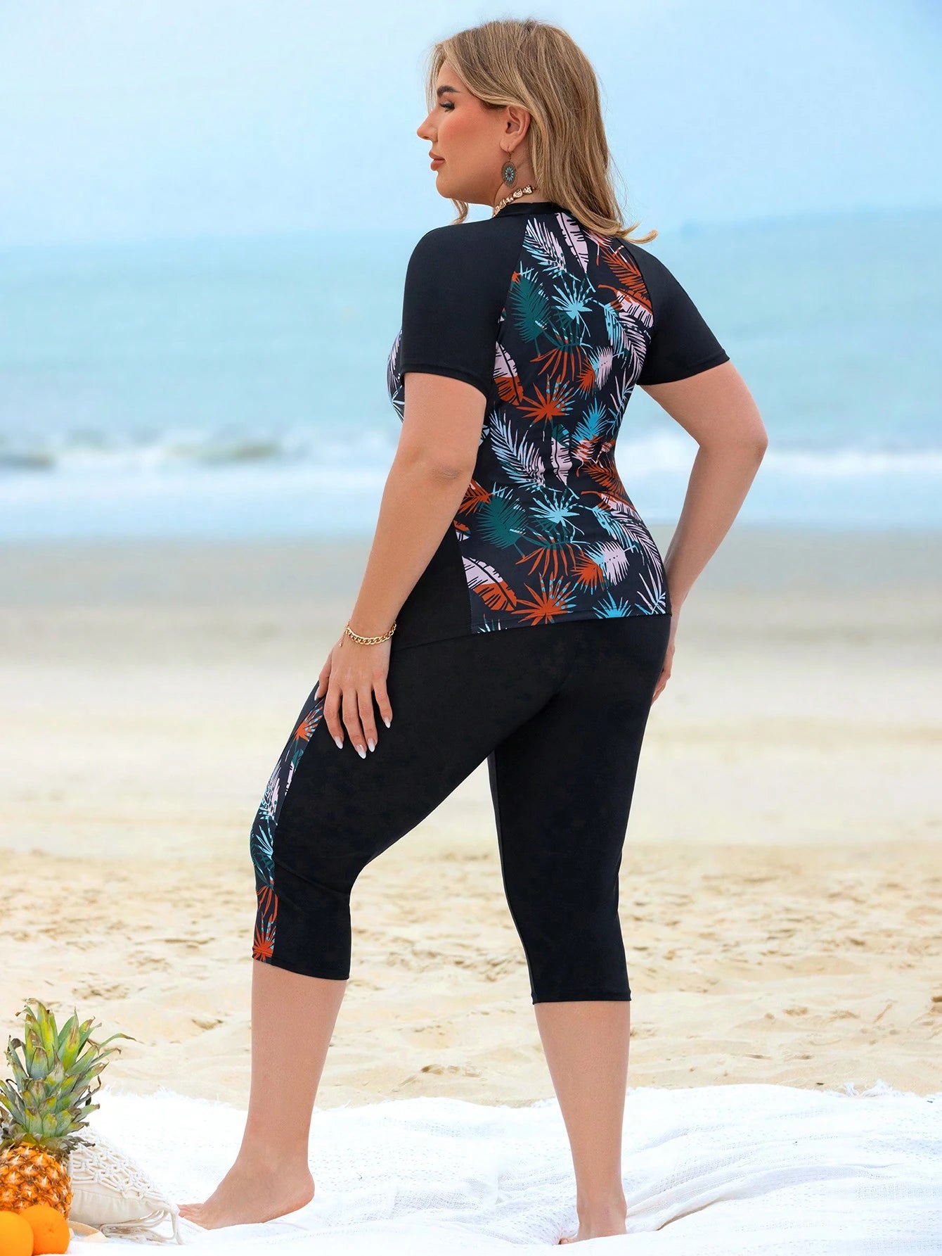 Swim Lushoire Plus Size 2-Piece Set Multicolor Patchwork Plant Branch & Leaf Random Print With Black Patchwork, Large Scoop Neck Short Sleeve Design Paired With Long Swim Pants, Beach Casual Vacation