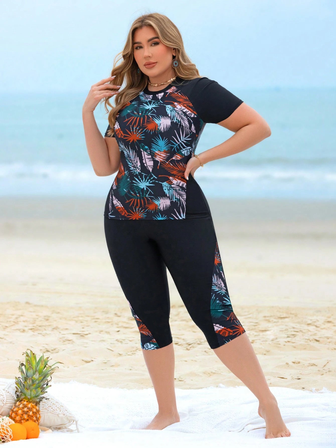 Swim Lushoire Plus Size 2-Piece Set Multicolor Patchwork Plant Branch & Leaf Random Print With Black Patchwork, Large Scoop Neck Short Sleeve Design Paired With Long Swim Pants, Beach Casual Vacation