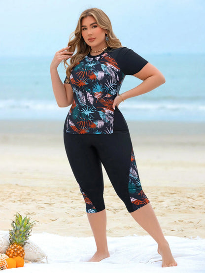 Swim Lushoire Plus Size 2-Piece Set Multicolor Patchwork Plant Branch & Leaf Random Print With Black Patchwork, Large Scoop Neck Short Sleeve Design Paired With Long Swim Pants, Beach Casual Vacation