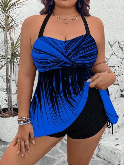 Swim Lushoire Plus Size 2-Piece Set: Printed Top And Solid High-Waist Shorts, Spaghetti Strap Criss-Cross Backless Top Style Casual Swimwear