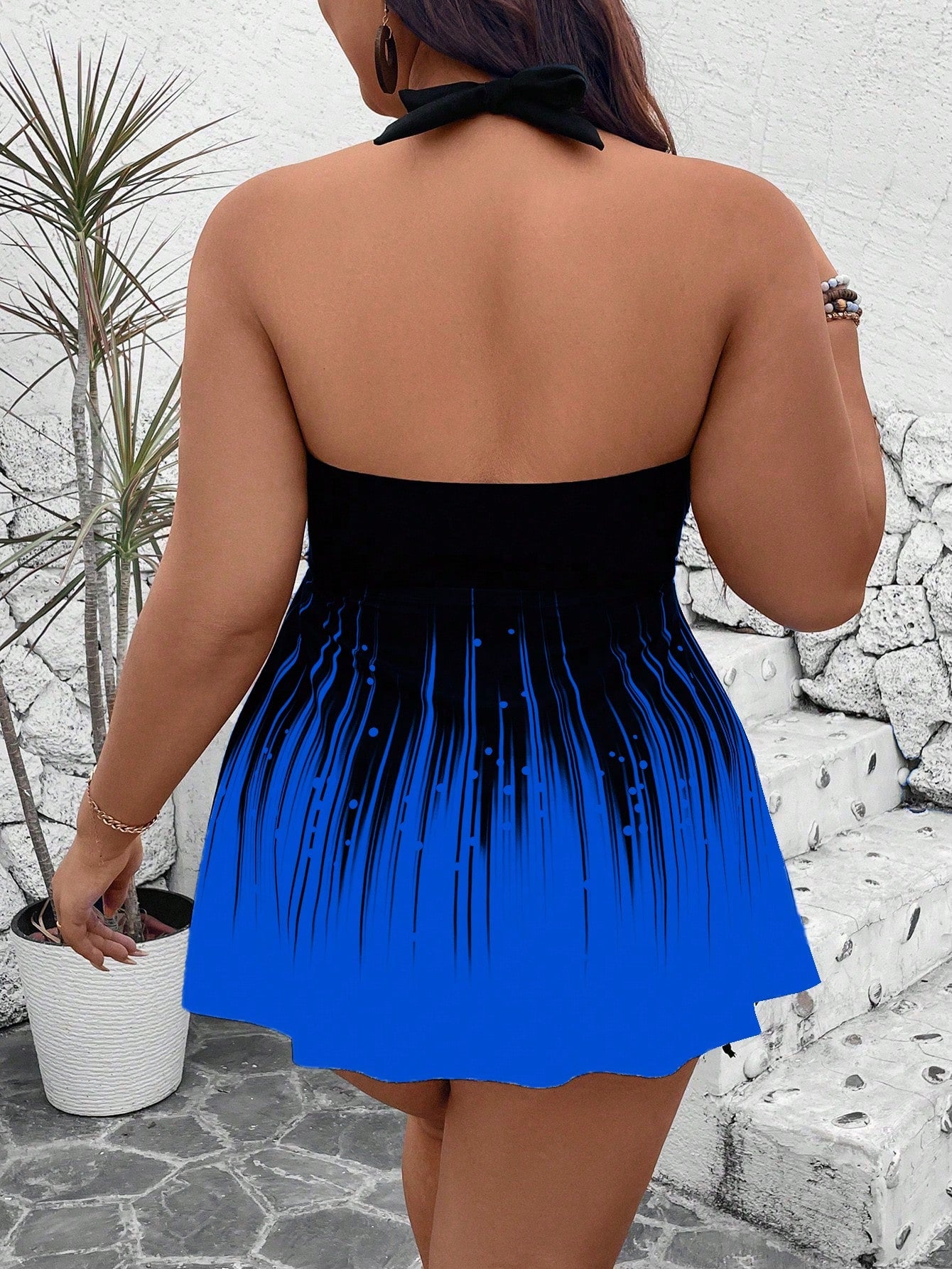 Swim Lushoire Plus Size 2-Piece Set: Printed Top And Solid High-Waist Shorts, Spaghetti Strap Criss-Cross Backless Top Style Casual Swimwear