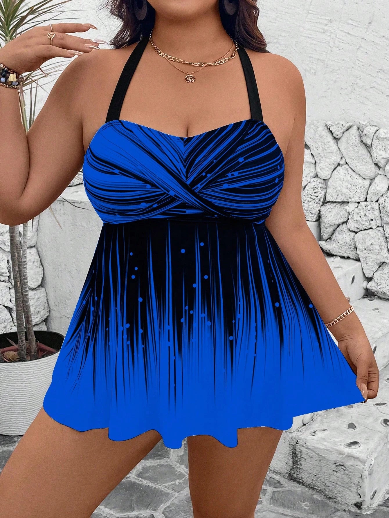 Swim Lushoire Plus Size 2-Piece Set: Printed Top And Solid High-Waist Shorts, Spaghetti Strap Criss-Cross Backless Top Style Casual Swimwear