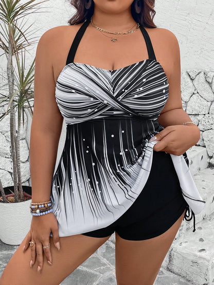 Swim Lushoire Plus Size 2-Piece Set: Printed Top And Solid High-Waist Shorts, Spaghetti Strap Criss-Cross Backless Top Style Casual Swimwear