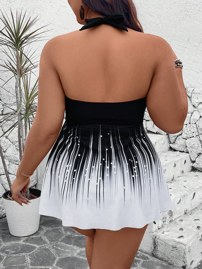 Swim Lushoire Plus Size 2-Piece Set: Printed Top And Solid High-Waist Shorts, Spaghetti Strap Criss-Cross Backless Top Style Casual Swimwear