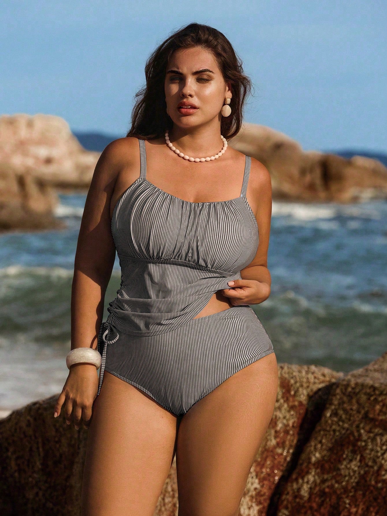 Swim Lushoire Plus Size 2pcs Light Blue Striped Tankini Set, Drawstring Waist Top & High-Waisted Bottoms,Summer Beach Holiday Bikini,Beach Vacation Style