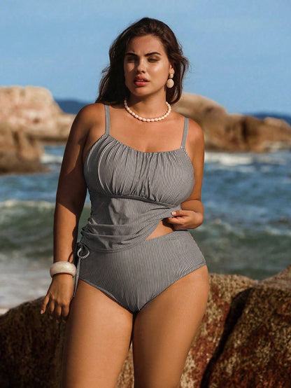 Swim Lushoire Plus Size 2pcs Light Blue Striped Tankini Set, Drawstring Waist Top & High-Waisted Bottoms,Summer Beach Holiday Bikini,Beach Vacation Style