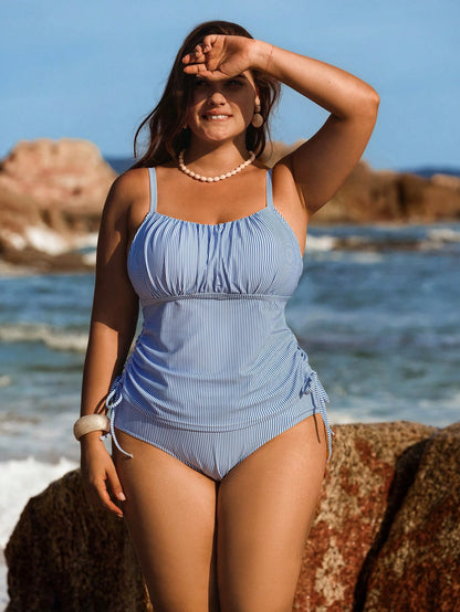 Swim Lushoire Plus Size 2pcs Light Blue Striped Tankini Set, Drawstring Waist Top & High-Waisted Bottoms,Summer Beach Holiday Bikini,Beach Vacation Style