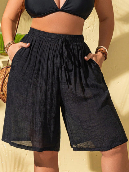 Swim Lushoire Plus Size Bamboo Fiber Drawstring Bermuda Shorts Cover-Up, For Summer Beach Vacation
