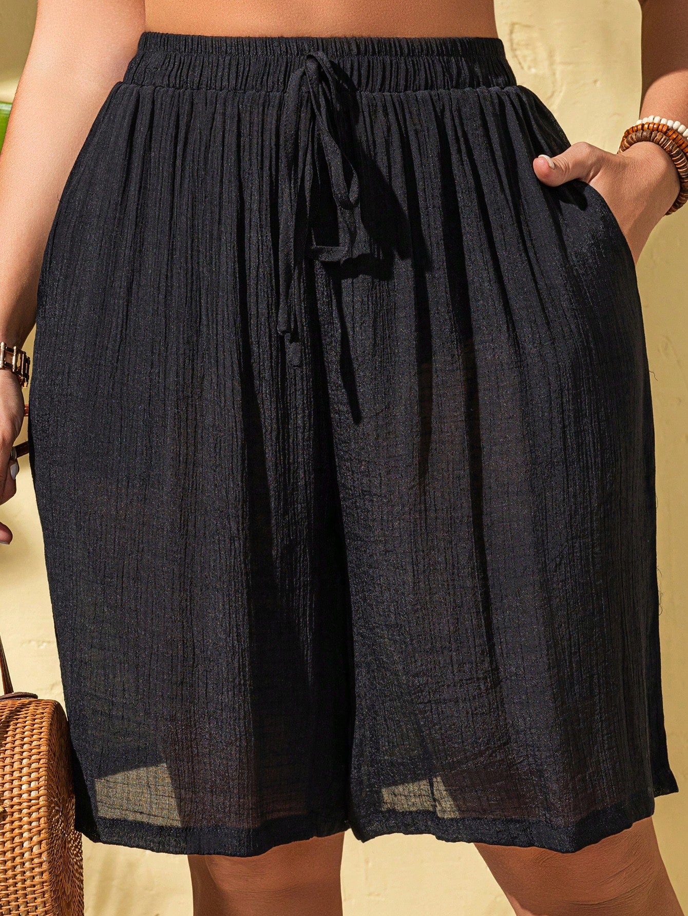 Swim Lushoire Plus Size Bamboo Fiber Drawstring Bermuda Shorts Cover-Up, For Summer Beach Vacation