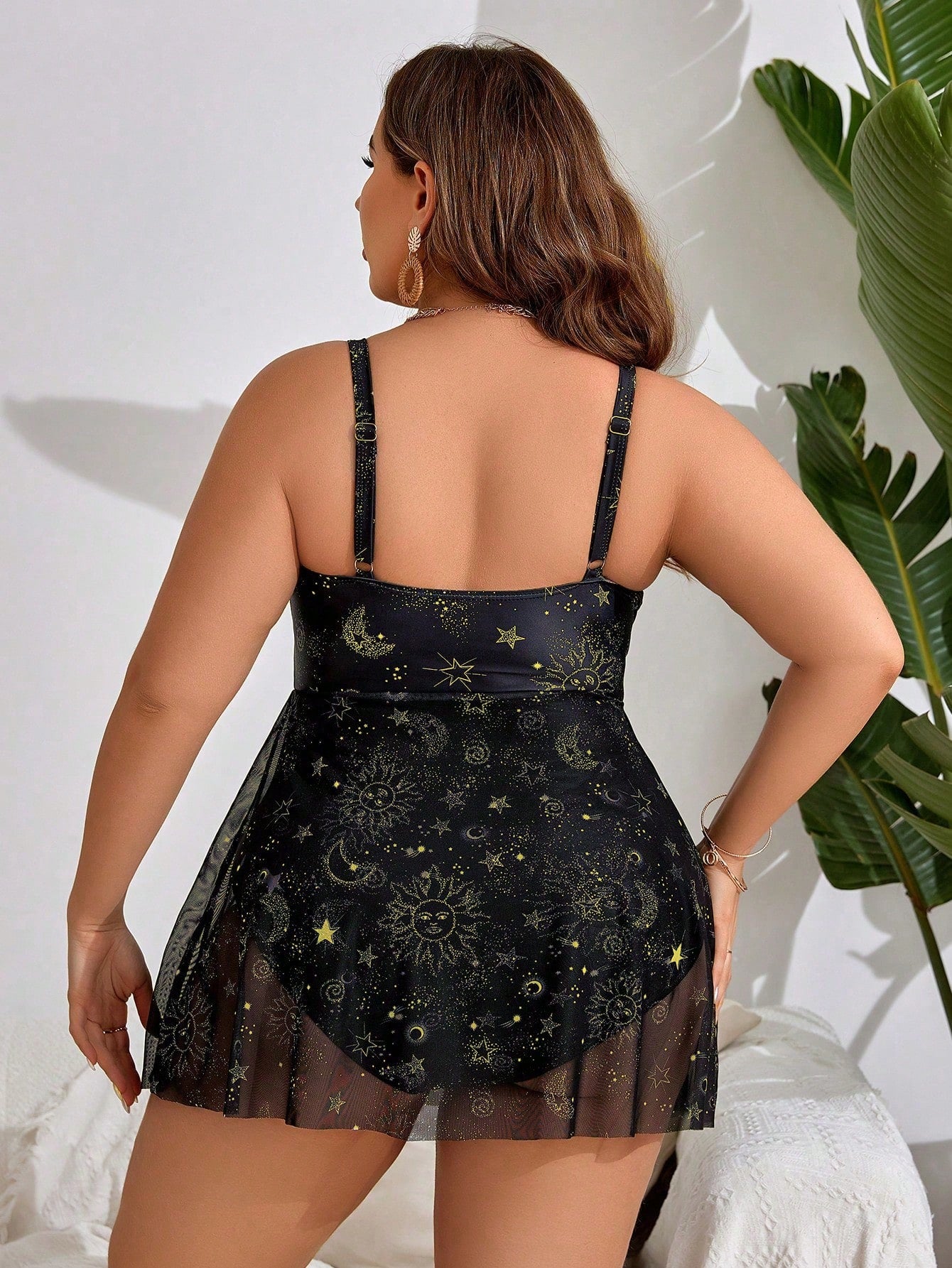 Swim Lushoire Plus Size Beachwear Summer Swimsuit Hollow Out One-Piece Bathing Suit With Sun And Moon Print And Tie Knot,Summer Beach