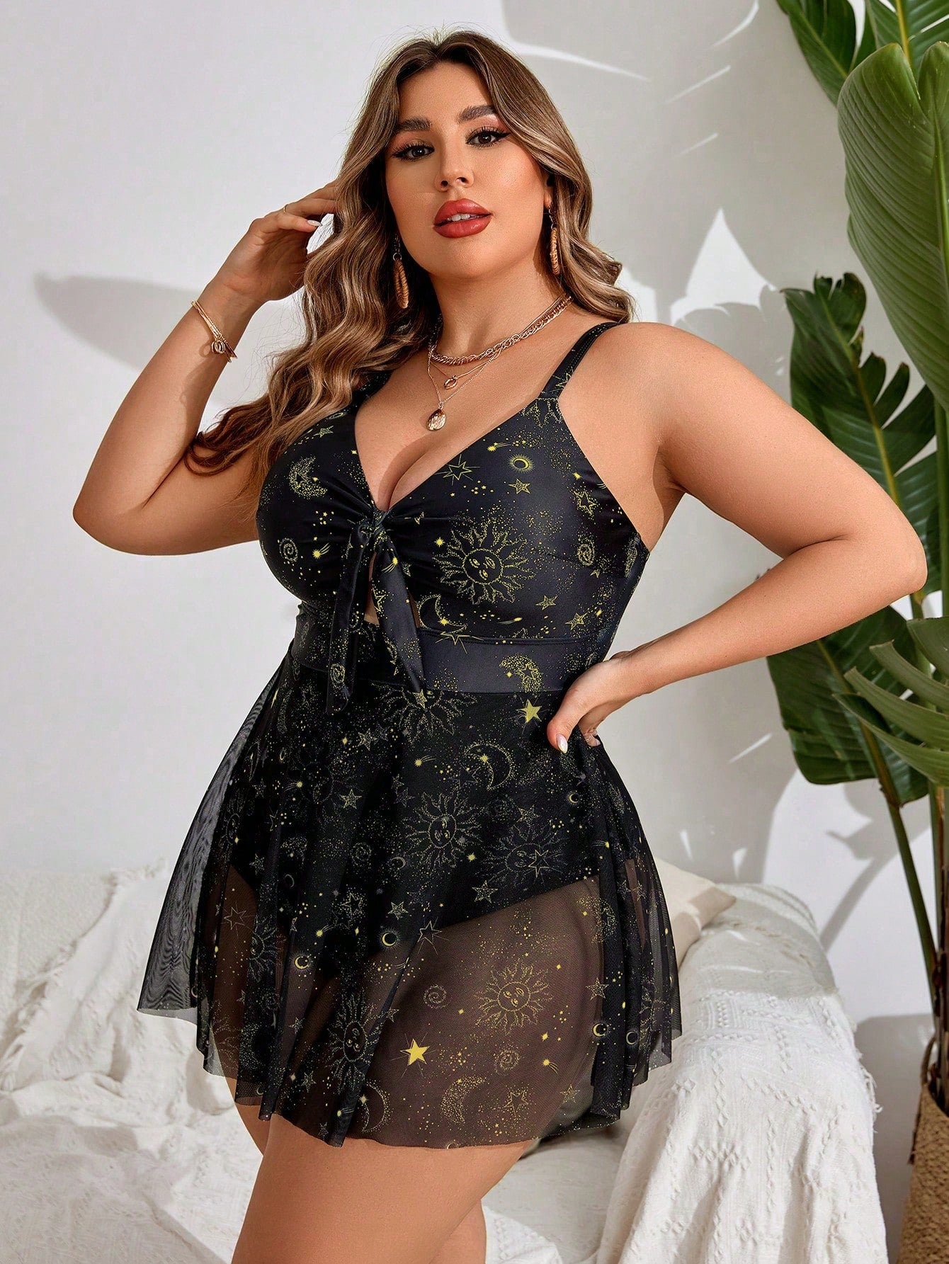 Swim Lushoire Plus Size Beachwear Summer Swimsuit Hollow Out One-Piece Bathing Suit With Sun And Moon Print And Tie Knot,Summer Beach