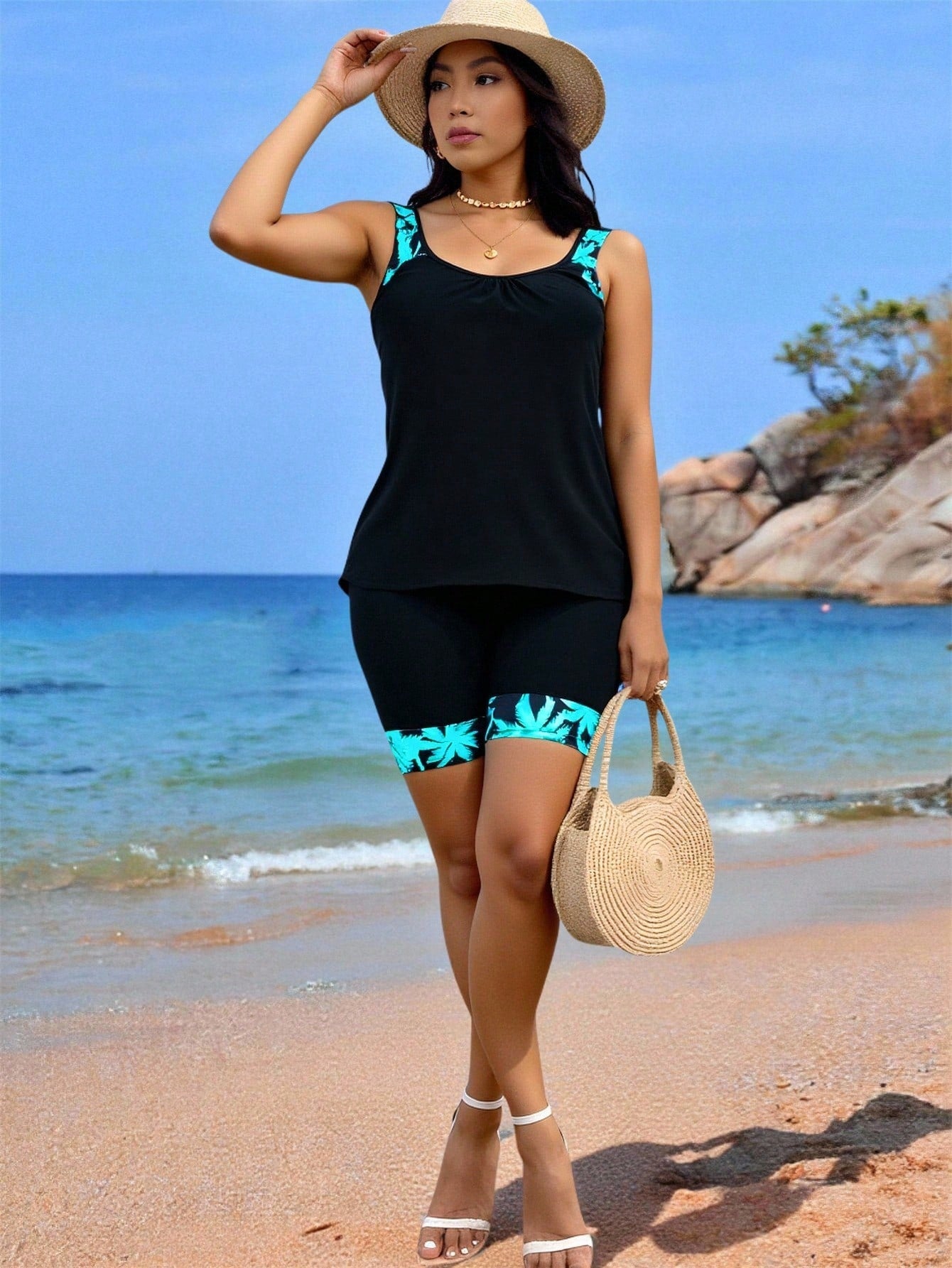 Swim Lushoire Plus Size Coconut Tree Print Patchwork Tankini Swimwear Set For Summer Beach Vacation