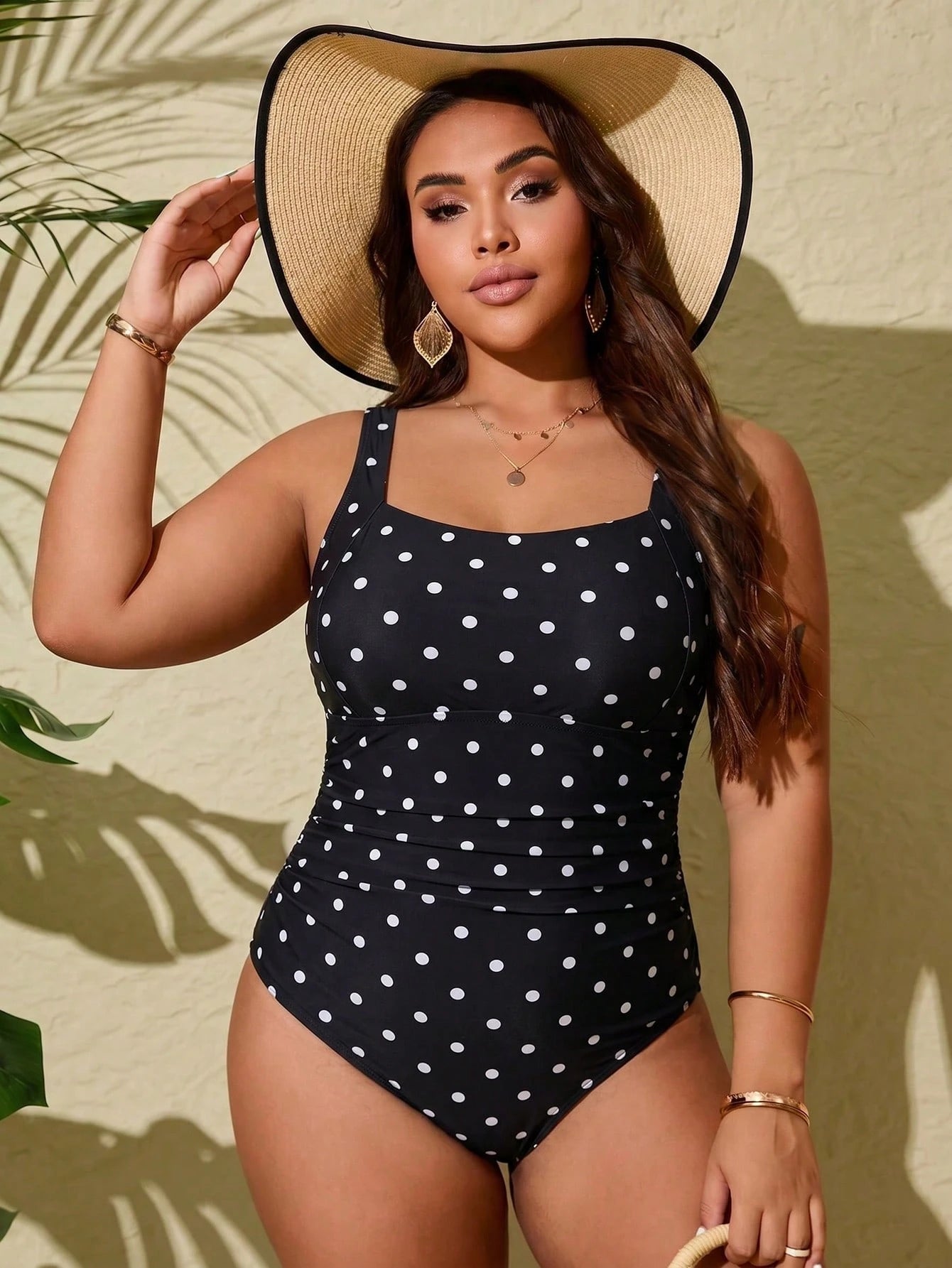 Swim Lushoire Plus Size One-Piece Black Background White Polka Dot Random Print Ruched Abdomen Scoop Neck Swimsuit, Suitable For Summer Vacation And Beach