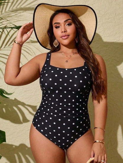Swim Lushoire Plus Size One-Piece Black Background White Polka Dot Random Print Ruched Abdomen Scoop Neck Swimsuit, Suitable For Summer Vacation And Beach