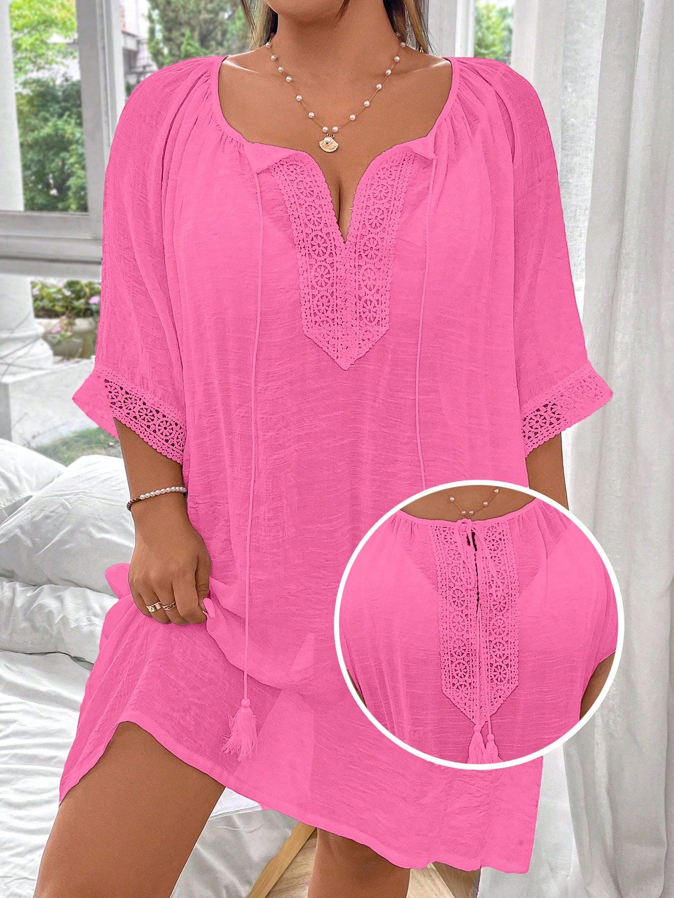 Swim Lushoire Plus Size Solid Color Drawstring Loose Comfortable Cover Up Summer