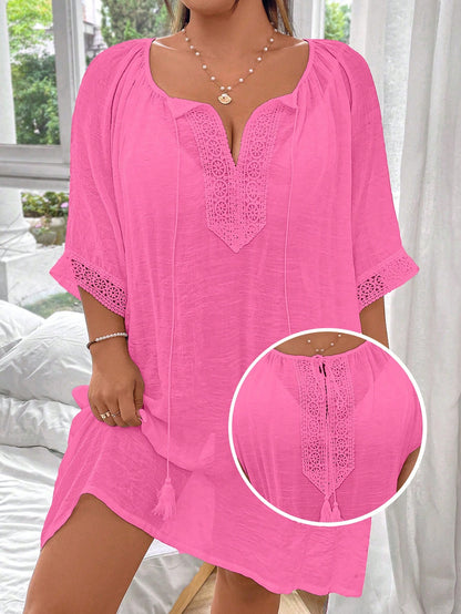 Swim Lushoire Plus Size Solid Color Drawstring Loose Comfortable Cover Up Summer
