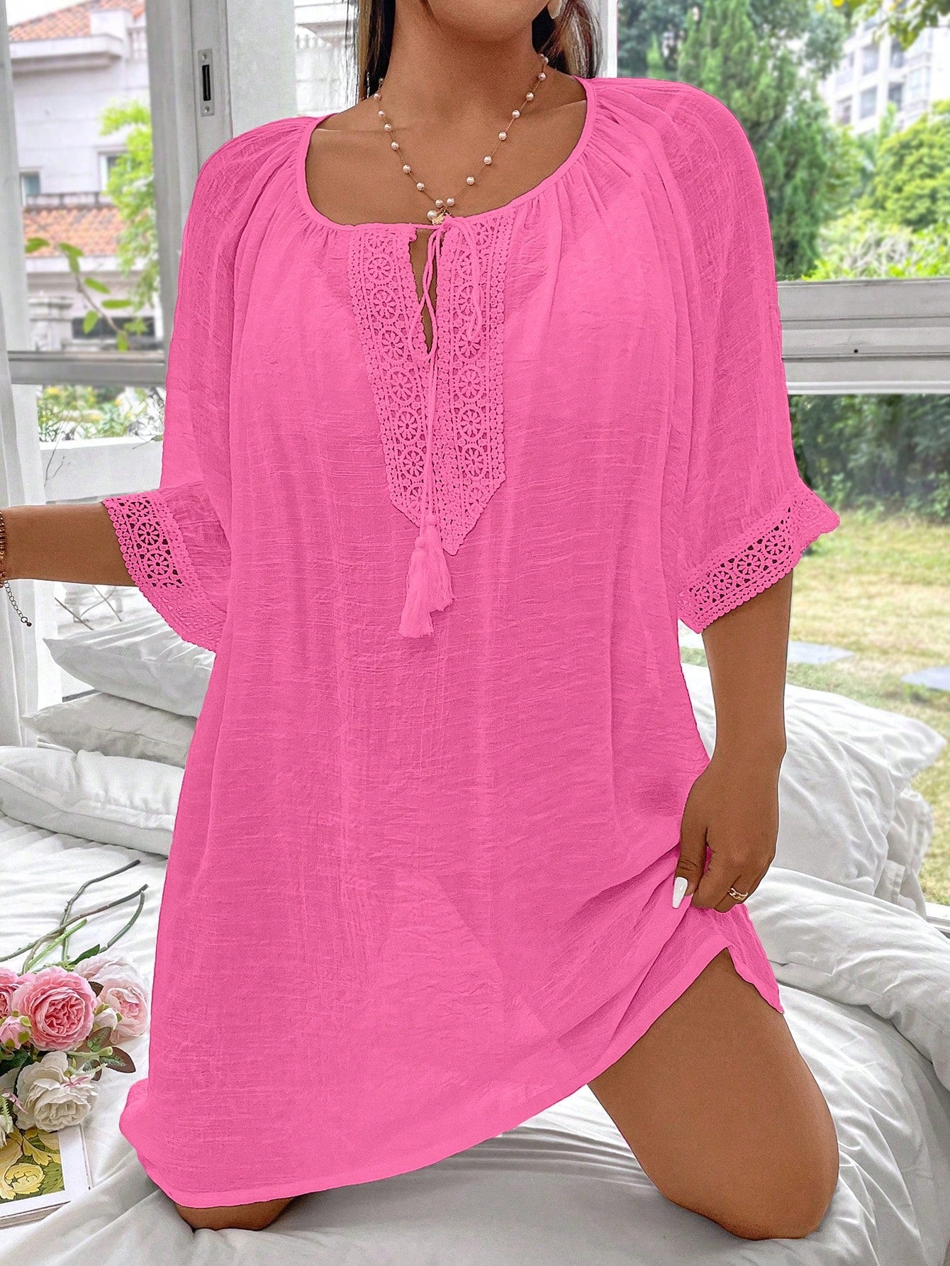 Swim Lushoire Plus Size Solid Color Drawstring Loose Comfortable Cover Up Summer