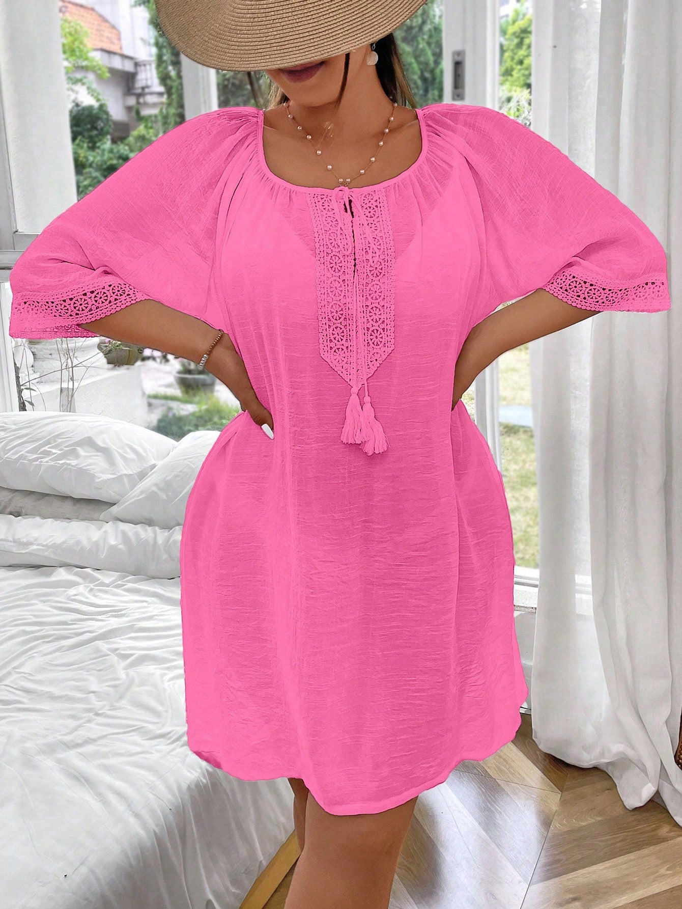 Swim Lushoire Plus Size Solid Color Drawstring Loose Comfortable Cover Up Summer