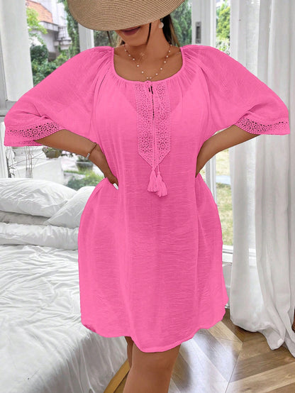 Swim Lushoire Plus Size Solid Color Drawstring Loose Comfortable Cover Up Summer
