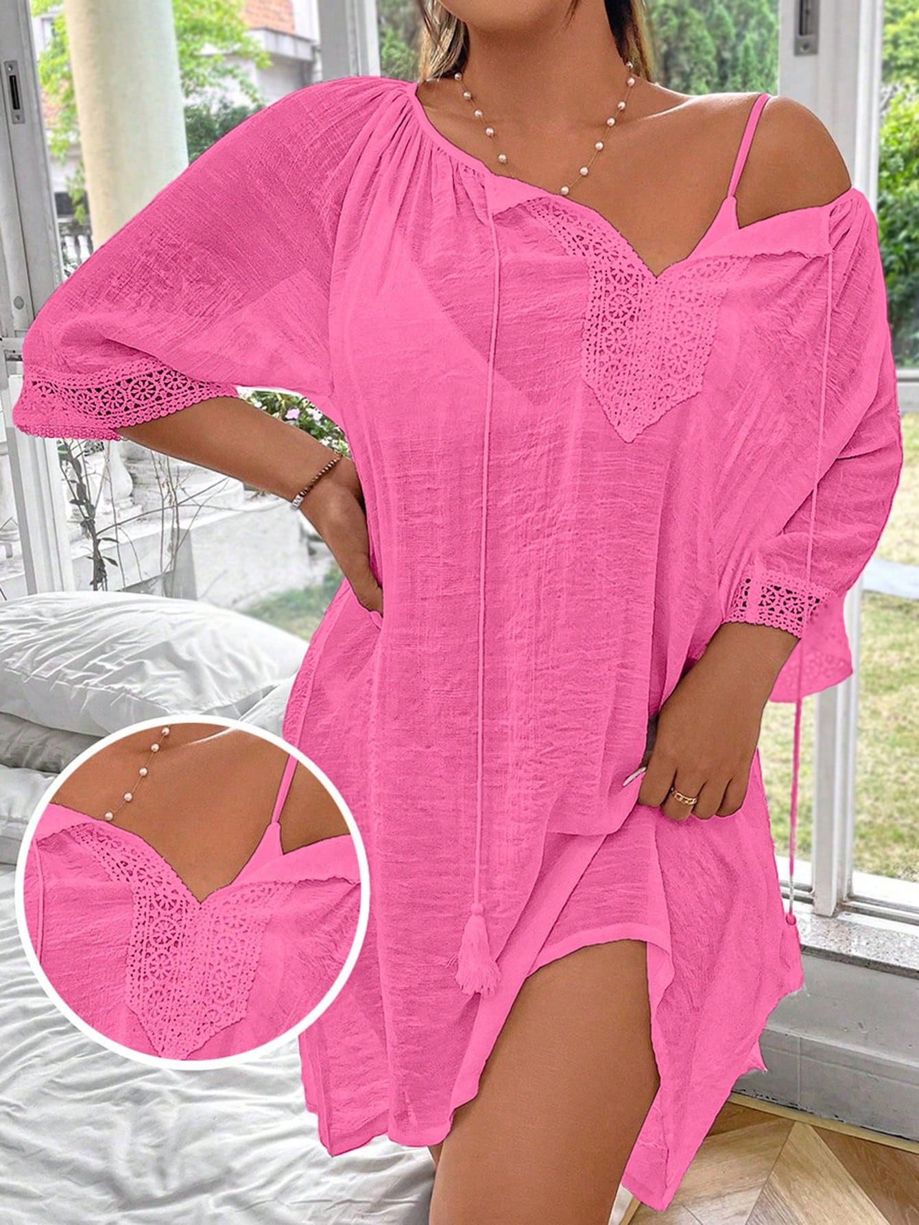 Swim Lushoire Plus Size Solid Color Drawstring Loose Comfortable Cover Up Summer