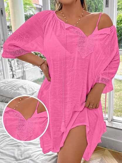 Swim Lushoire Plus Size Solid Color Drawstring Loose Comfortable Cover Up Summer