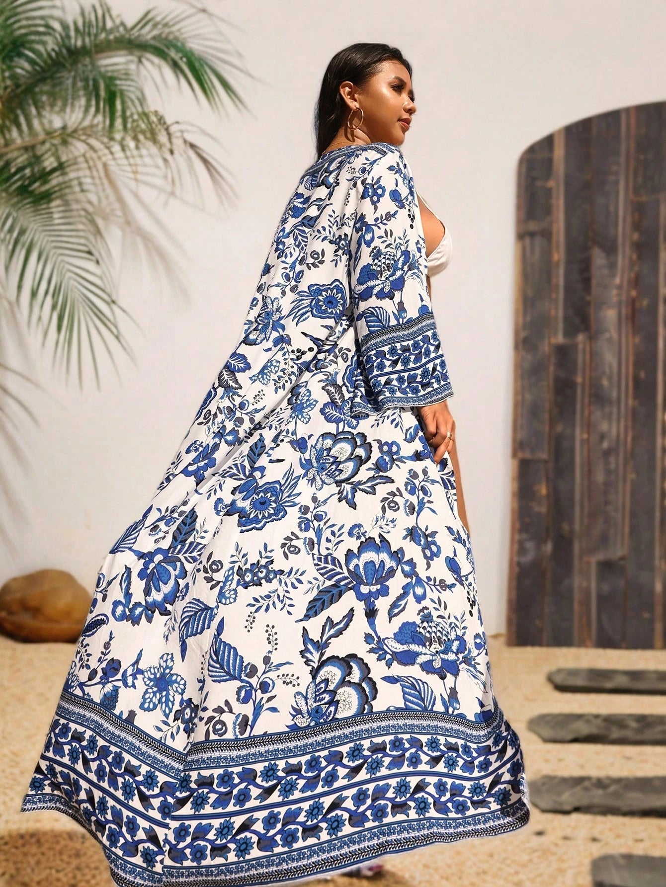 Swim Lushoire Plus Size Summer Beach Holiday Long Floral Printed Kimono