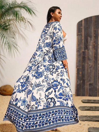 Swim Lushoire Plus Size Summer Beach Holiday Long Floral Printed Kimono