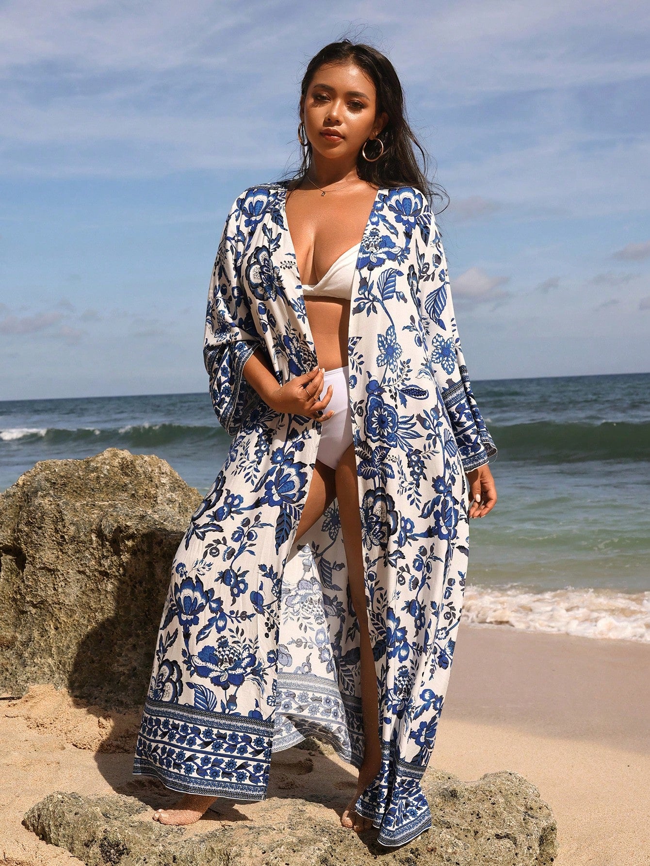Swim Lushoire Plus Size Summer Beach Holiday Long Floral Printed Kimono