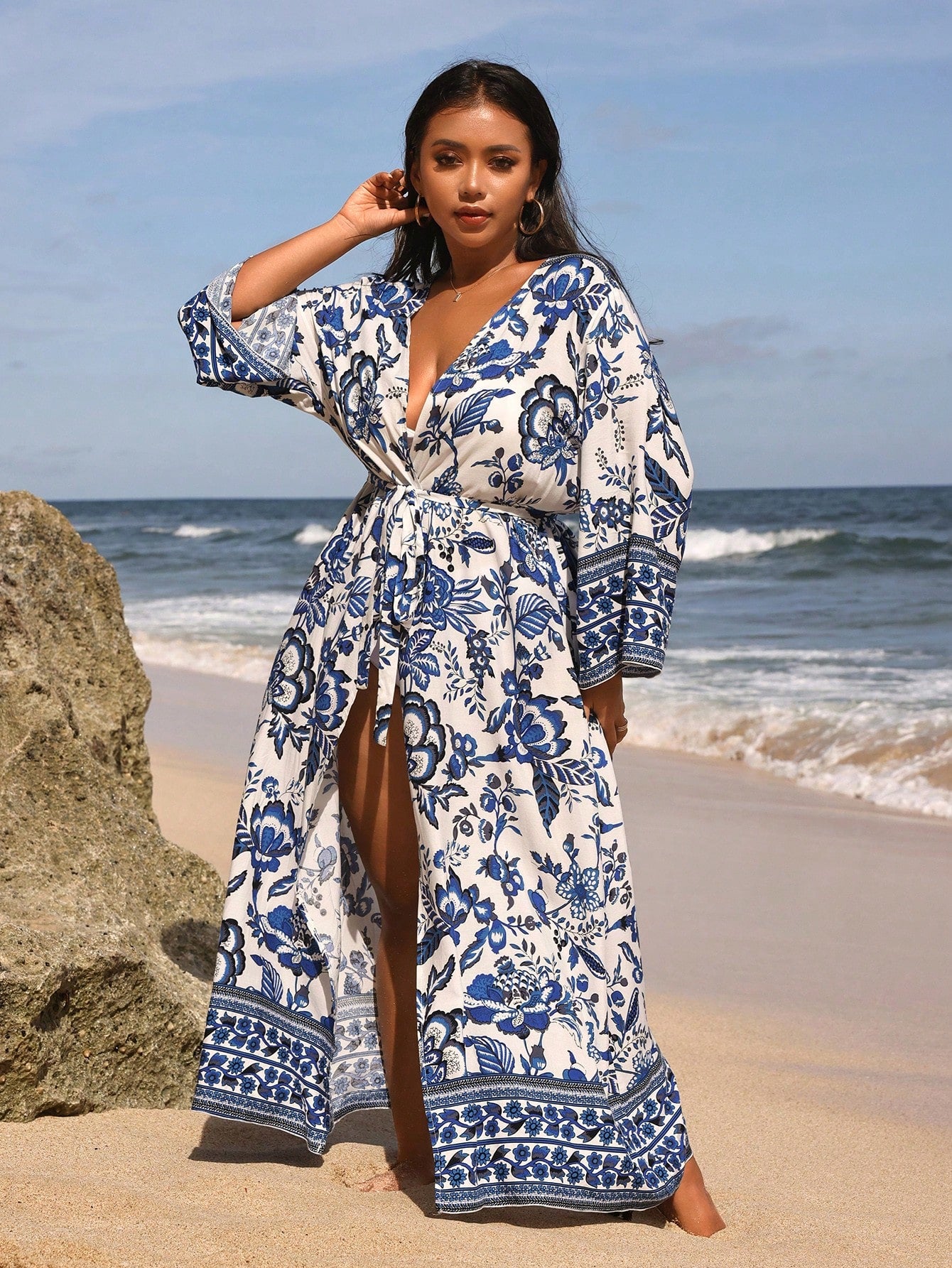 Swim Lushoire Plus Size Summer Beach Holiday Long Floral Printed Kimono