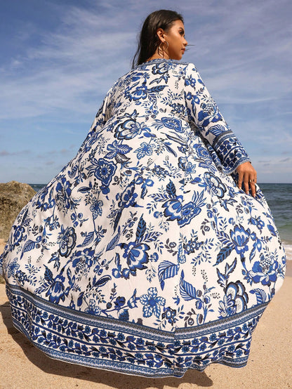 Swim Lushoire Plus Size Summer Beach Holiday Long Floral Printed Kimono