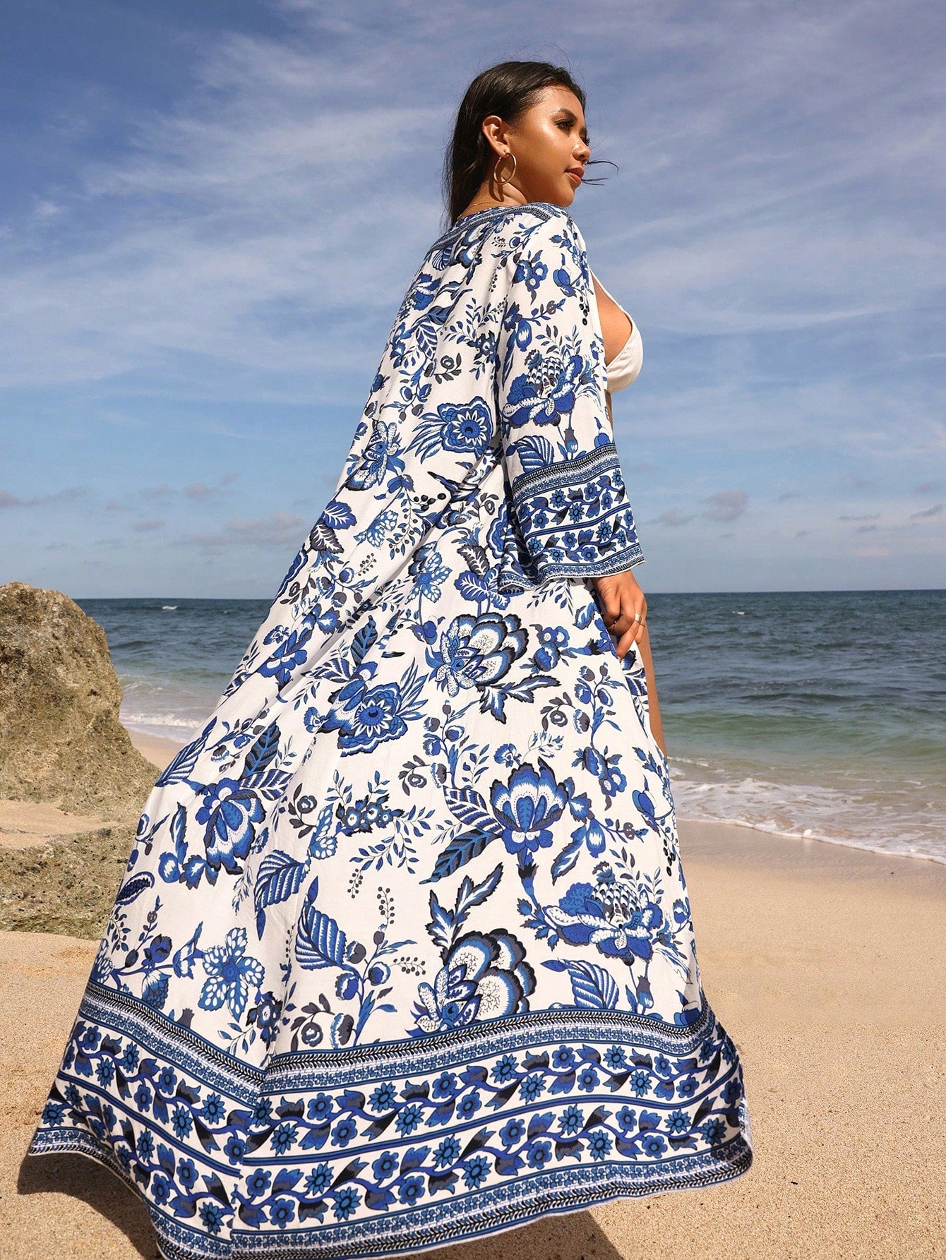 Swim Lushoire Plus Size Summer Beach Holiday Long Floral Printed Kimono