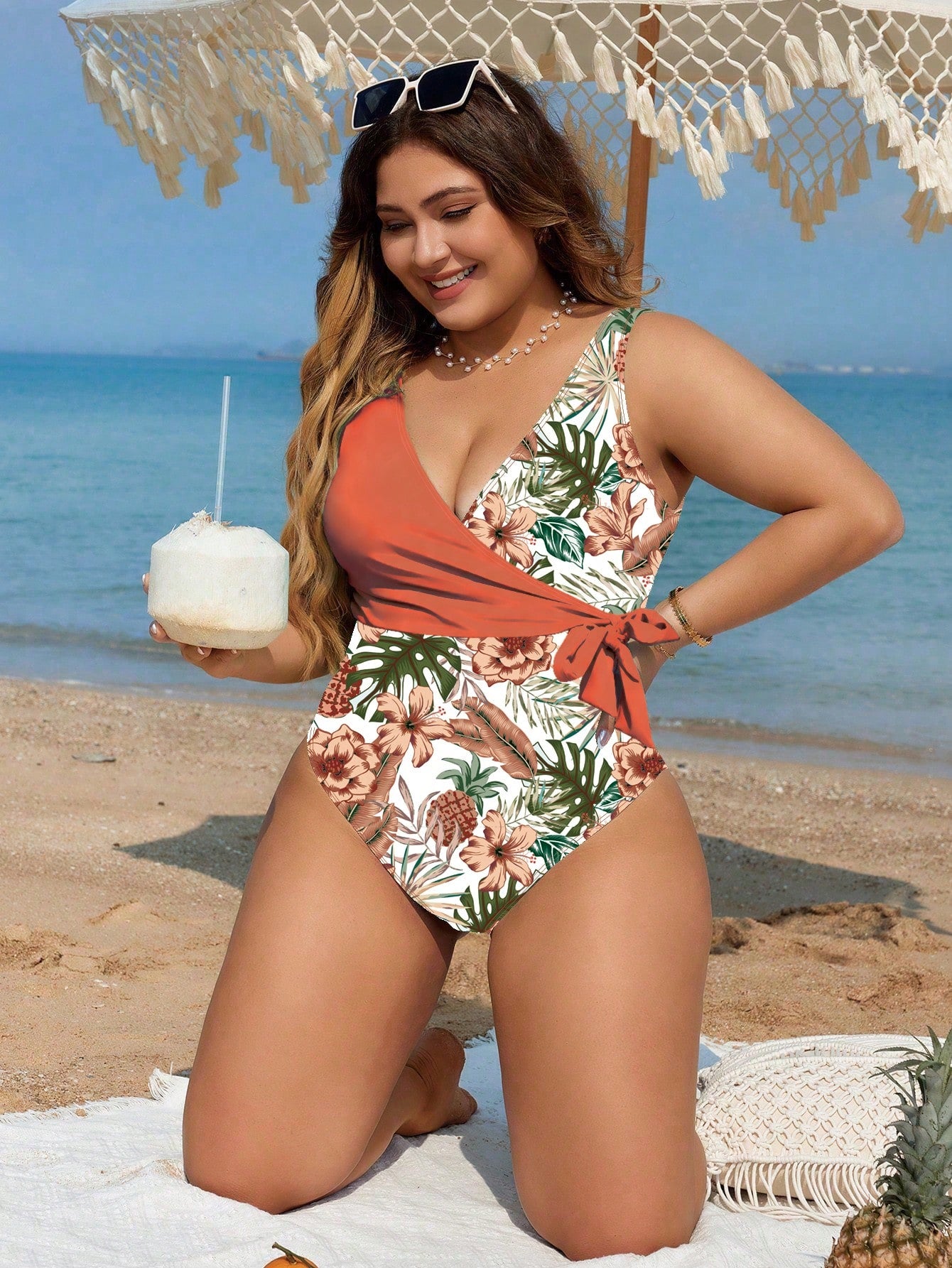 Swim Lushoire Plus Size Summer Beach Vacation Tropical Print Splice One Piece Swimsuit