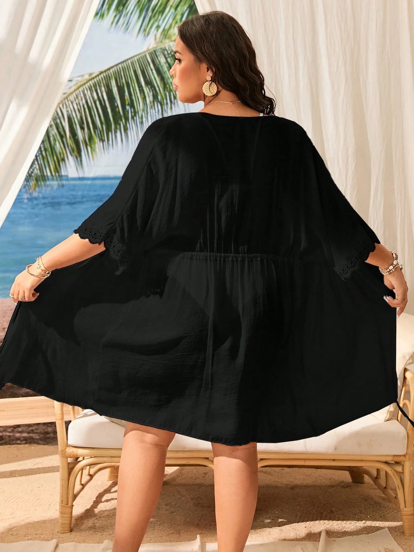 Swim Lushoire Plus Size Vacation Beach Plain Color Drawstring Waist Kimono For Summer