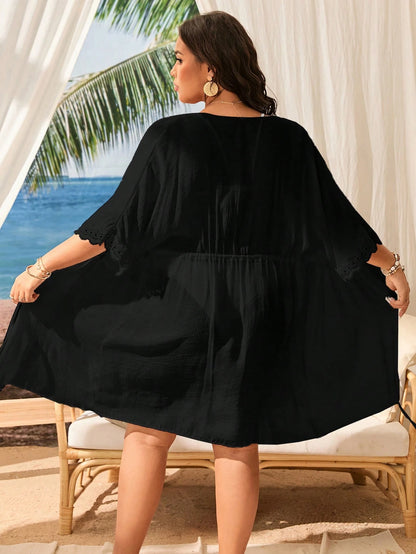 Swim Lushoire Plus Size Vacation Beach Plain Color Drawstring Waist Kimono For Summer