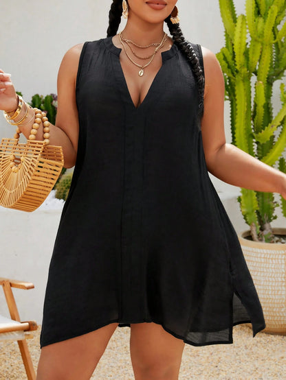 Swim Lushoire Plus Size Vacation Sleeveless Collared Cover Up For Summer