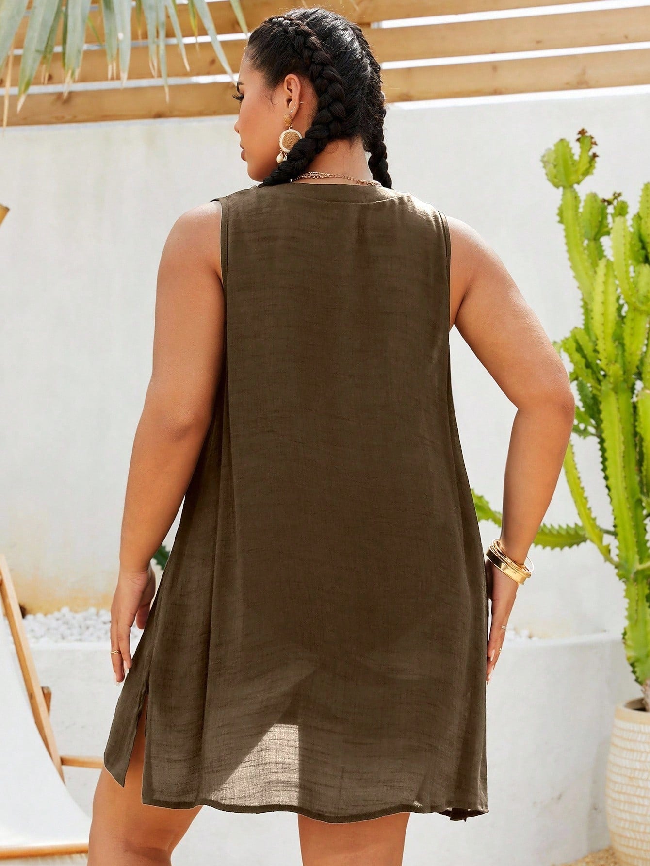 Swim Lushoire Plus Size Vacation Sleeveless Collared Cover Up For Summer