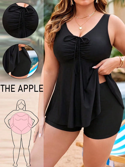 Swim Lushoire Plus Size Women 2pcs Random Print Tank Top & Bottom Set, Drawstring Front, Tummy Control, Slimming, Minimalist Vacation Beach Swimsuit