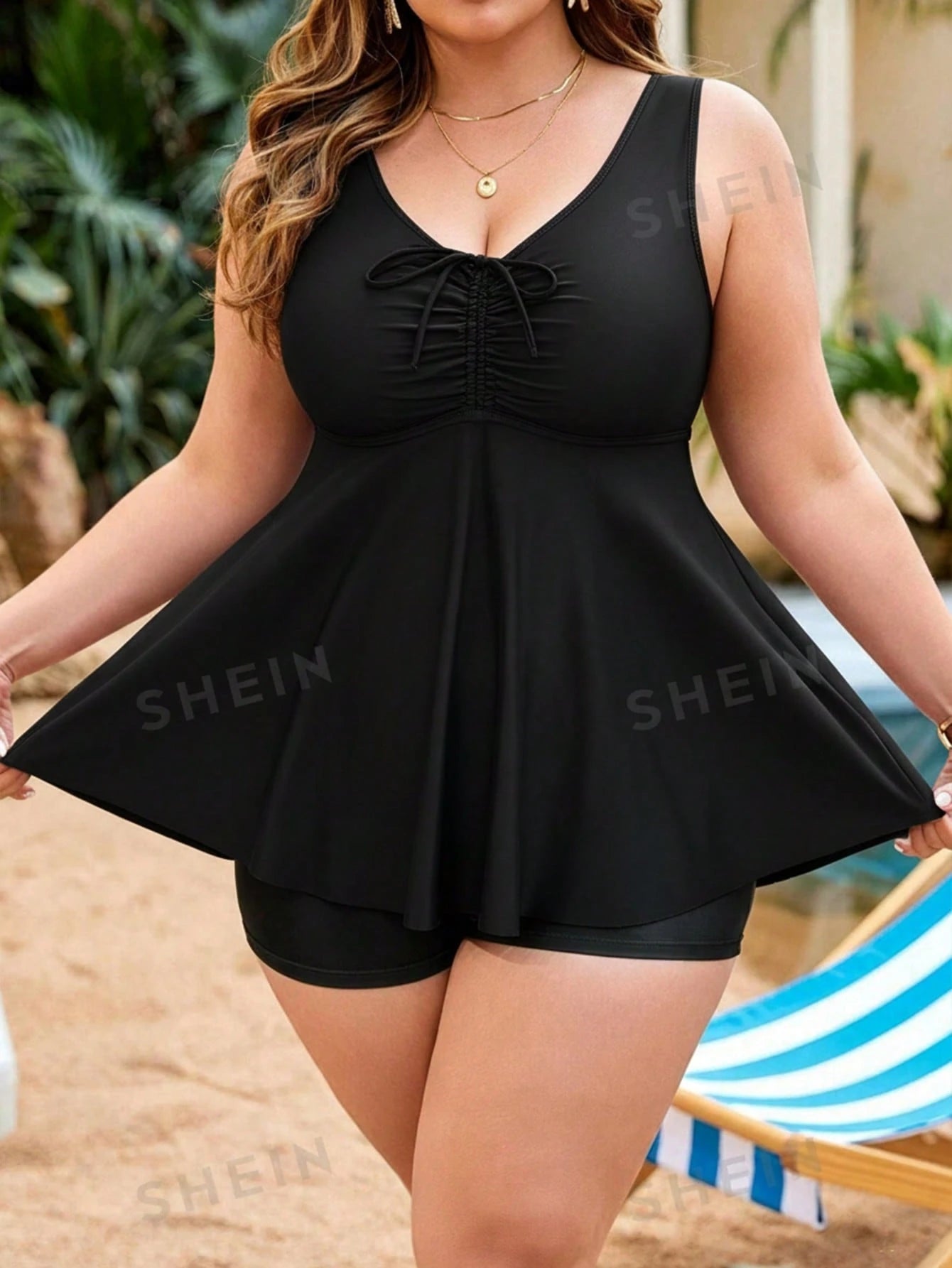 Swim Lushoire Plus Size Women 2pcs Random Print Tank Top & Bottom Set, Drawstring Front, Tummy Control, Slimming, Minimalist Vacation Beach Swimsuit