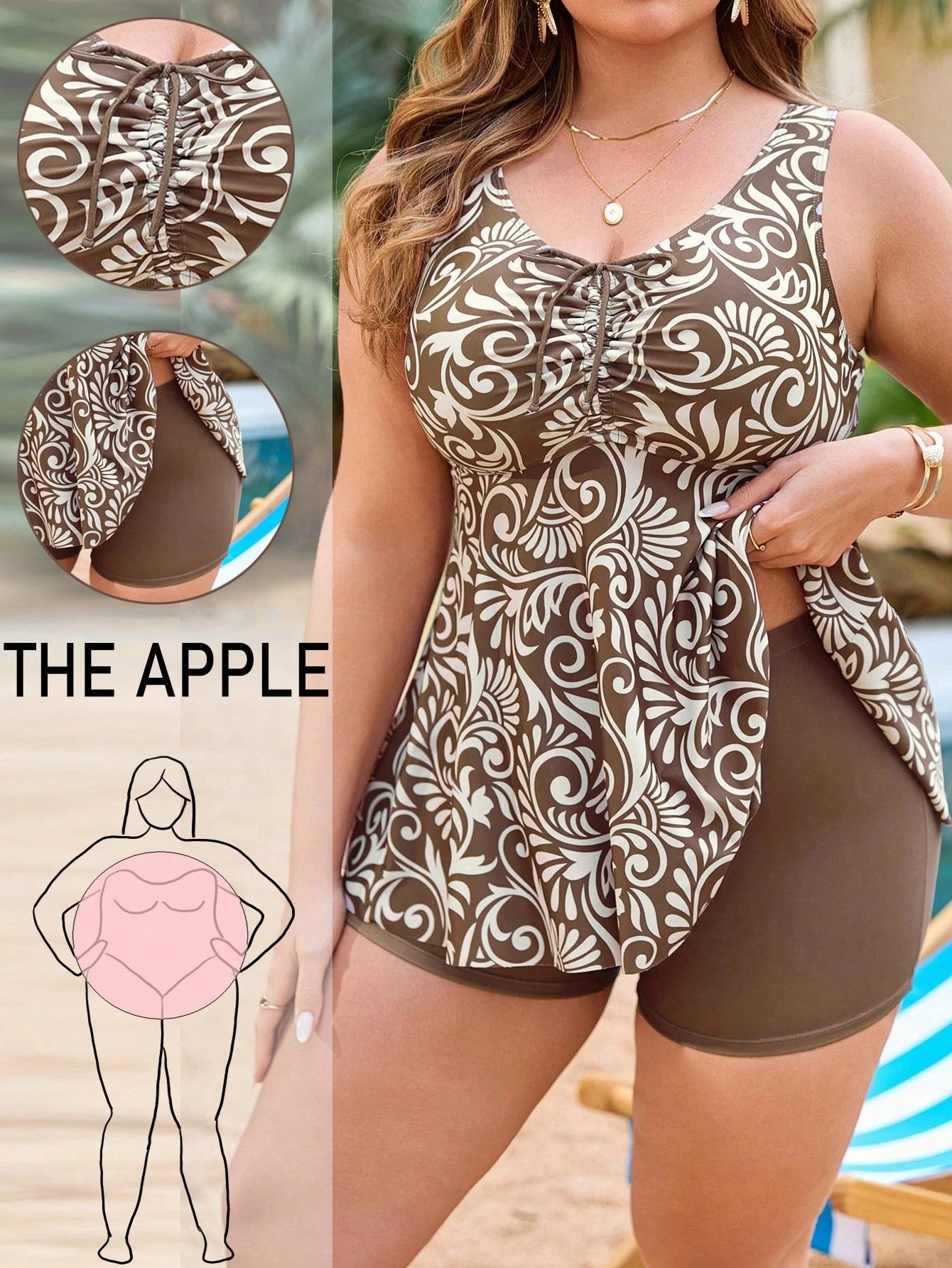 Swim Lushoire Plus Size Women 2pcs Random Print Tank Top & Bottom Set, Drawstring Front, Tummy Control, Slimming, Minimalist Vacation Beach Swimsuit