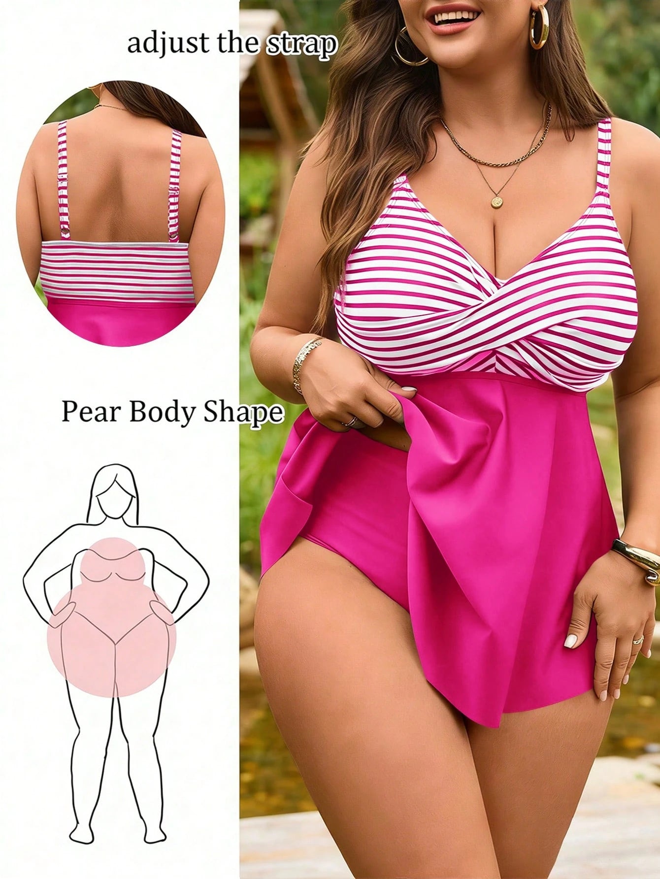 Swim Lushoire Plus Size Women 2pcs Set Striped Print Camisole & High Waist Bikini Bottoms, Summer Beach Vacation