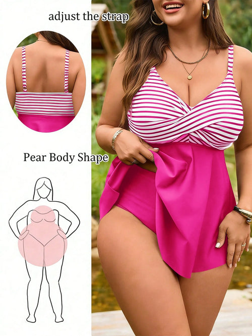 Swim Lushoire Plus Size Women 2pcs Set Striped Print Camisole & High Waist Bikini Bottoms, Summer Beach Vacation