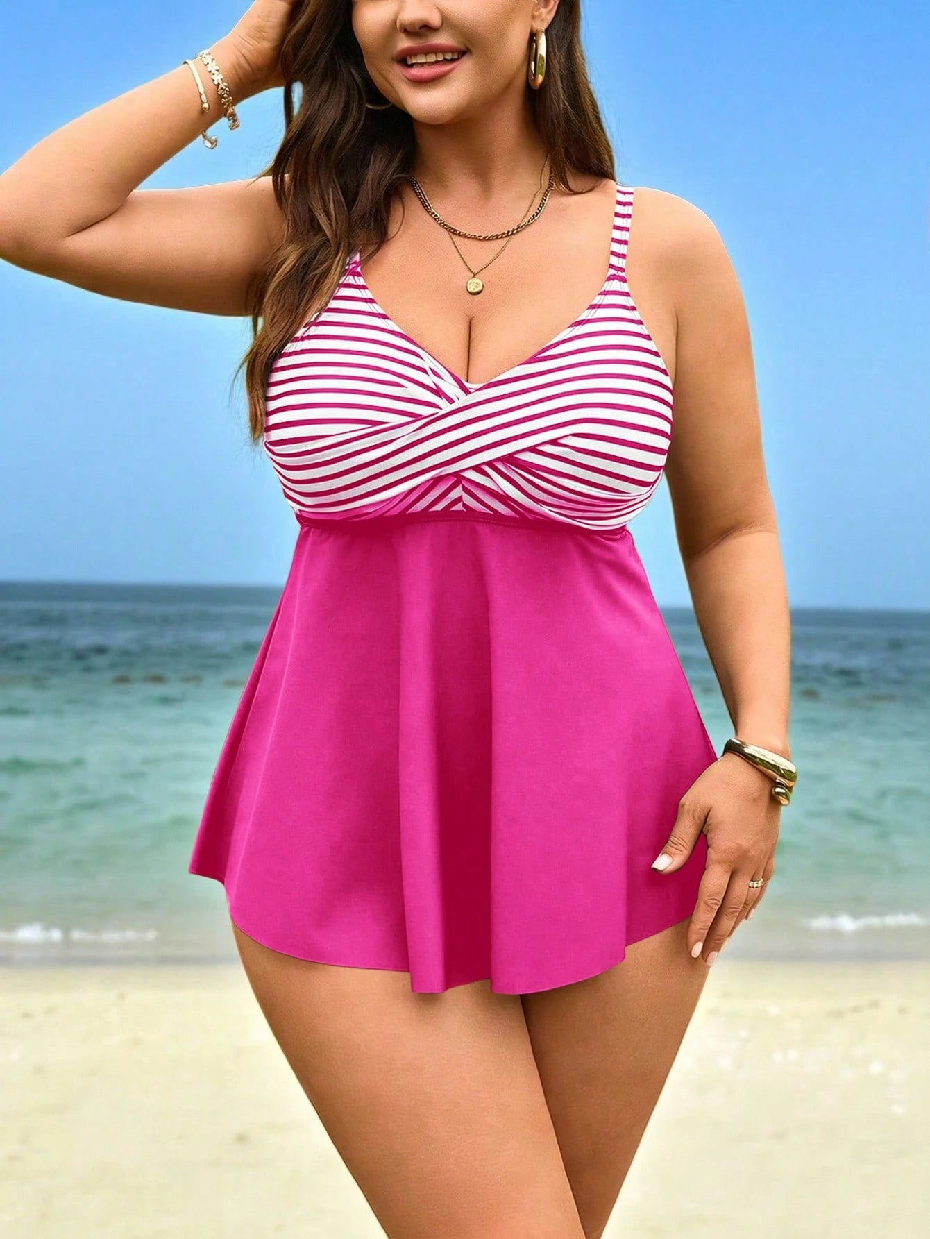 Swim Lushoire Plus Size Women 2pcs Set Striped Print Camisole & High Waist Bikini Bottoms, Summer Beach Vacation